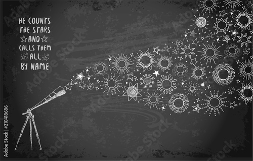 Card with doodle telescope, sun and other stars on blackboard background