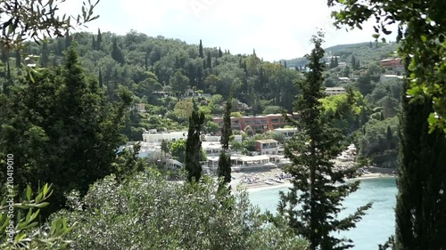 Vier over the Liapades paradise beach with part of the village. Mountains all arond. (Corfu, Greece) photo