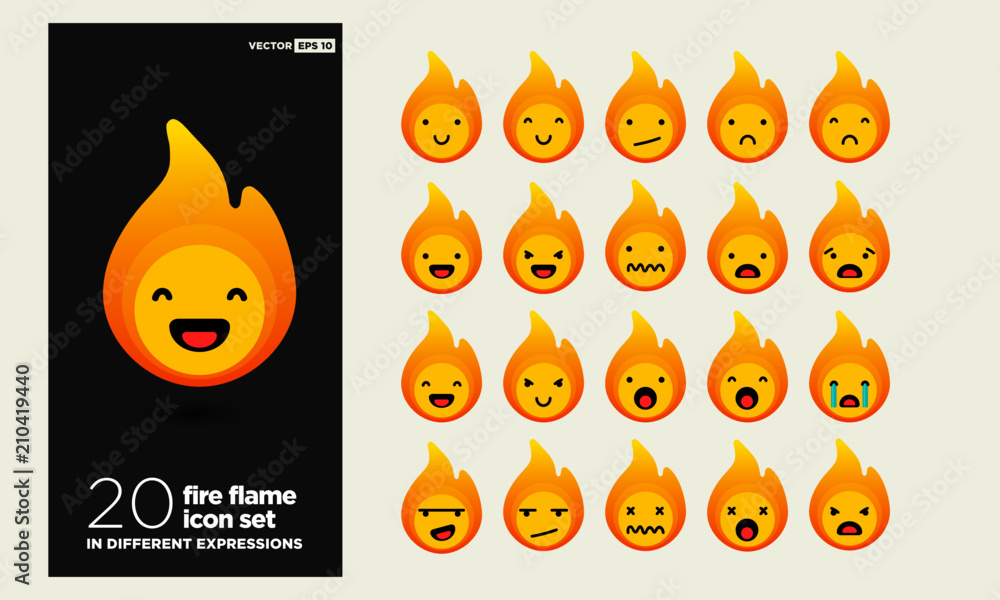 Fire Flame Emoji Line Icons In Different Expressions Stock Vector
