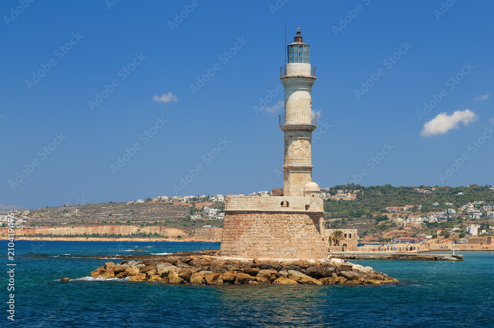 The old 16th centurary Lighthouse at the Harbour enterance of Chania on the Greek Island of Crete