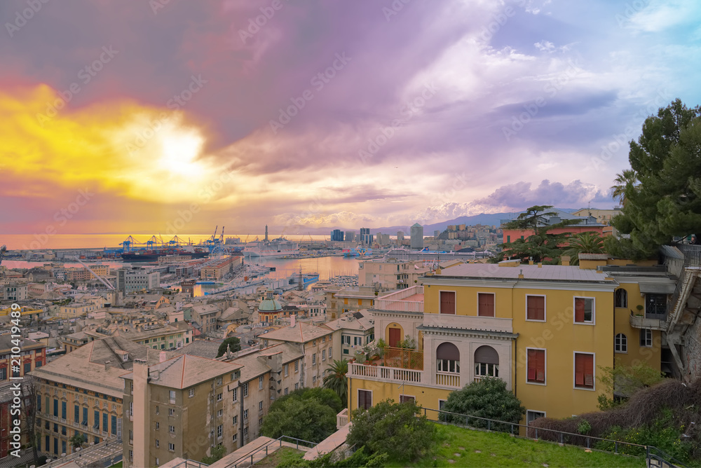 Panoramic view of the city of Genoa at sunset - Liguria - Italy