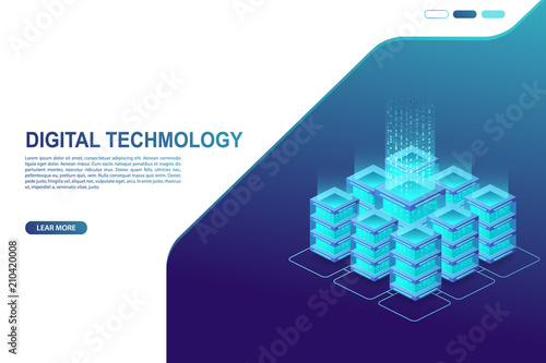 Data center, server room. Concept of cloud storage, data transfer and data processing.