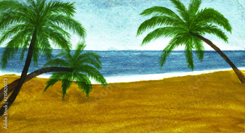 Summer. Palm trees on sandy beach in watercolor