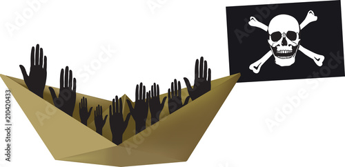 nave battente bandiera pirata con clandestini di colore