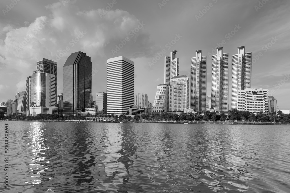 Black and White Office building river front, cityscape downtown background