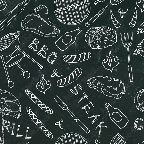 Seamless Pattern of Summer BBQ Grill Party. Steak, Sausage, Barbeque Grid, Tongs, Fork, Fire, Ketchup. Black Board Background and Chalk. Hand Drawn Vector Illustration. Cute Doodle Style.