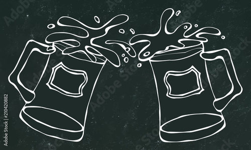 Light and Dark Beer Mugs or Glasses. Black Board Background and Chalk. Hand Drawn Vector Illustration. Doodle Style.