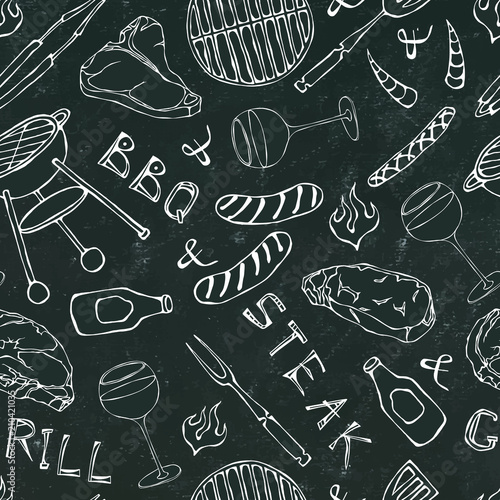 Seamless Pattern of Summer BBQ Grill Party. Glass of Red, Rose and White Vine, Steak, Sausage, Barbeque Grid. Black Board Background and Chalk. Hand Drawn Vector Illustration. Doodle Style.