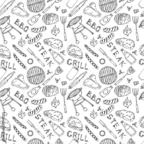 Seamless Pattern of Summer BBQ Grill Party. Beer Can, Bottle and Mug, Steak, Sausage, Barbeque Grid, Tongs, Fork, Fire, Ketchup. Hand Drawn Vector Illustration. Doodle Style.