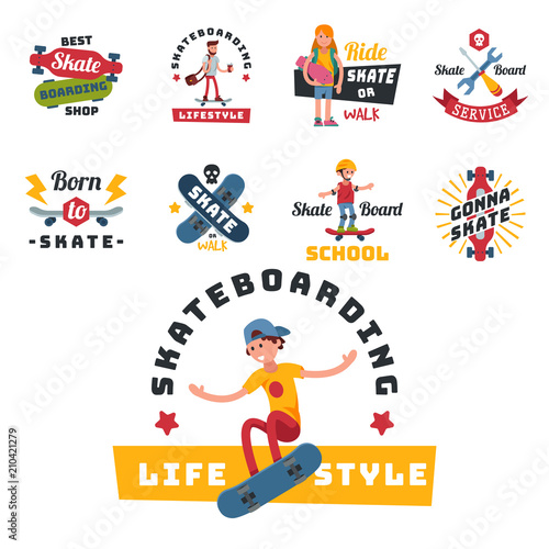 Skateboarders people tricks silhouettes sport badge extreme action active skateboarding urban young jump person vector illustration.