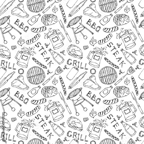 Seamless Pattern of Summer BBQ Grill Party. Steak, Sausage, Barbeque Grid, Tongs, Fork, Fire, Ketchup. Hand Drawn Vector Illustration. Doodle Style.