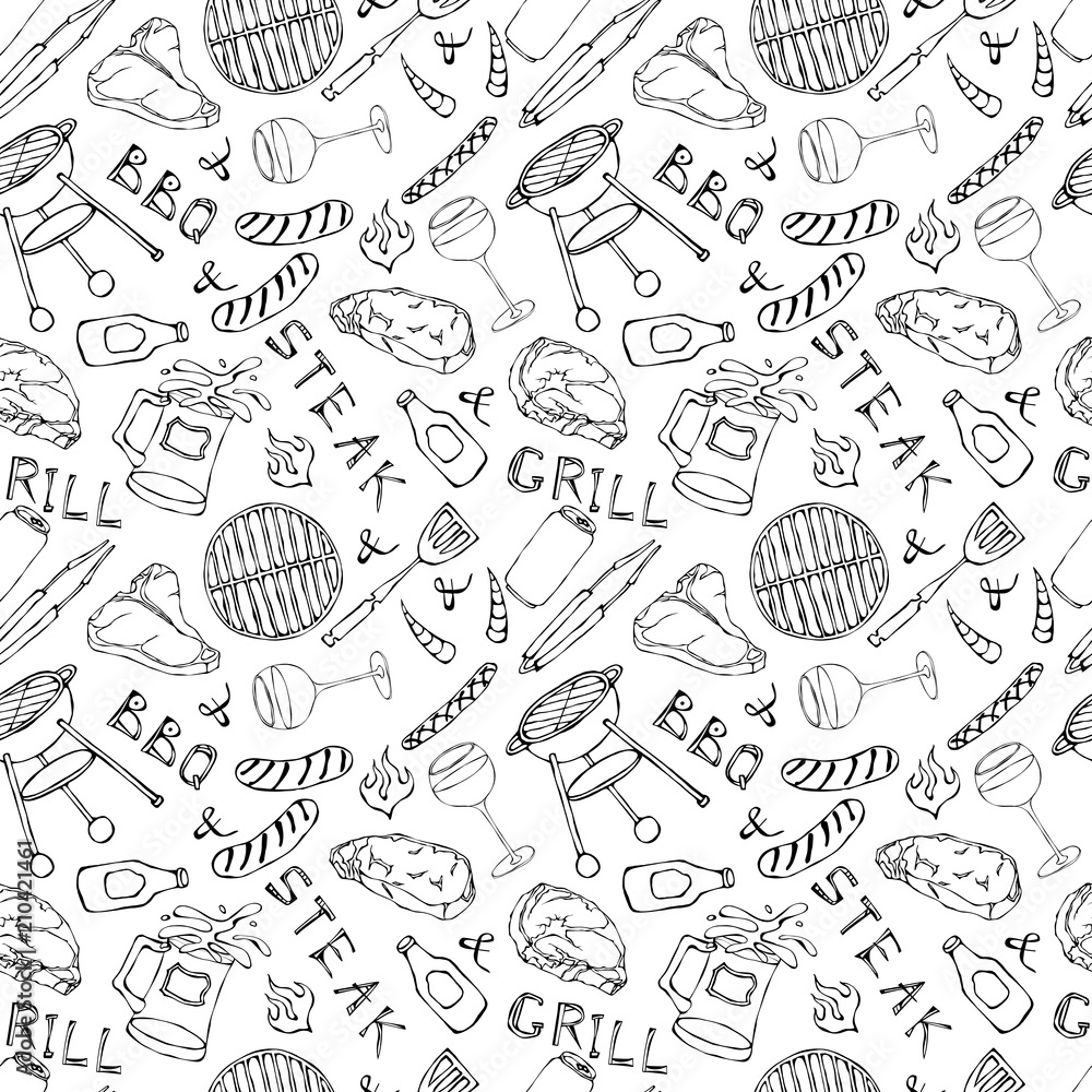Seamless Pattern of Summer BBQ Grill Party. Glass of Red, White Wine, Steak, Sausage, Barbeque Grid, Tongs, Fork. Hand Drawn Vector Illustration. Doodle Style.