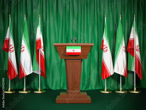 Podium speaker tribune with Iran flags. Briefing of president of Iran. Politics concept. photo