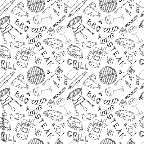 Seamless Pattern of Summer BBQ Grill Party. Glass of Red, White Wine, Steak, Sausage, Barbeque Grid, Tongs, Fork. Hand Drawn Vector Illustration. Doodle Style.
