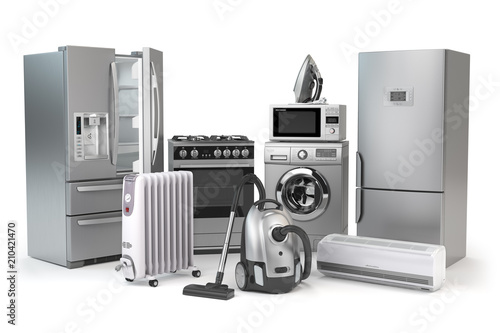 Home appliances. Set of household kitchen technics isolated on white background. Fridge, gas cooker, microwave oven, washing machine vacuum cleaner air conditioneer and iron. photo