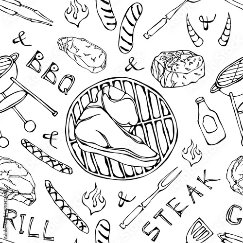 Seamless Pattern of Summer BBQ Grill Party. Big Porterhouse Steak, Sausage, Barbeque Grid, Tongs, Fork, Fire, Ketchup. Hand Drawn Vector Illustration. Doodle Style.