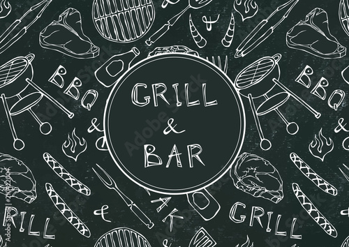 Grill Bar. Seamless Pattern of Summer BBQ Grill Party. Beer, Steak, Sausage, Barbeque Grid, Tongs, Fork, Fire. Black Board Background and Chalk. Hand Drawn Vector Illustration. Doodle Style.