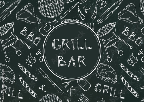 Grill Bar. Seamless Pattern of Summer BBQ Grill Party. Beer, Steak, Sausage, Barbeque Grid, Tongs, Fork, Fire. Black Board Background and Chalk. Hand Drawn Vector Illustration. Doodle Style.