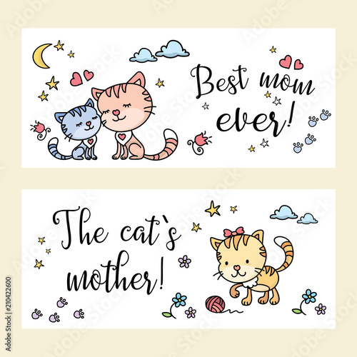 Two banners with funny andcute cats,mother day card template,