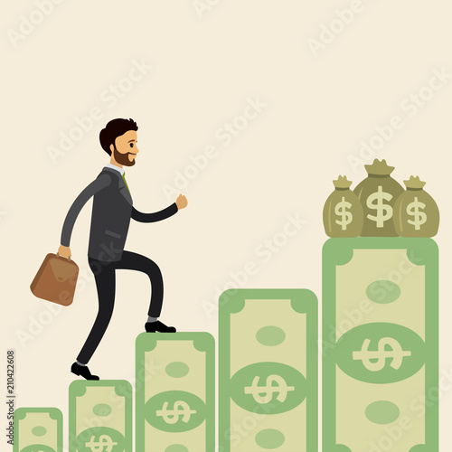 Caucasian Businessman goes up the stairs of money to the financial prize