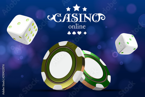 Casino poker chips and dice. Casino game 3D chips mock-up. Online casino banner. Golden realistic chip. Gambling concept, poker mobile app icon. dice falling in the air