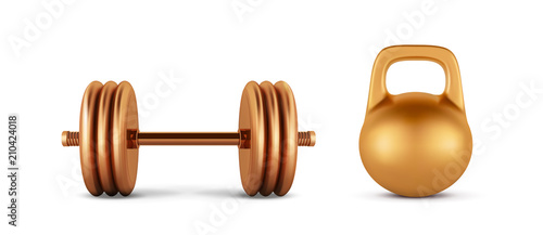 Golden realistic dumbbell weight isolated on white background. 3d gold dumbbell vector illustration