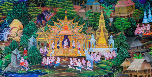 Native Thai Buddhist mural painting of the life of Buddha
