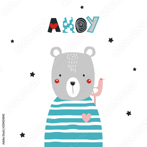 Cute bear and seagull with text Ahoy. Vector hand drawn illustration.