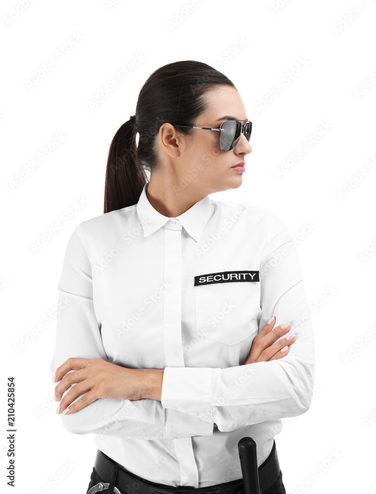 Female security guard in uniform on white background