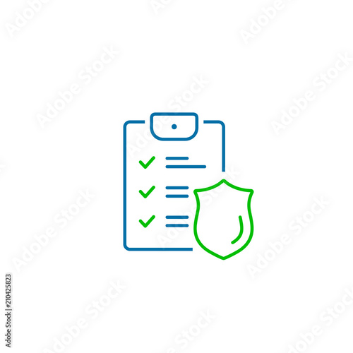 Checklist and shield, Insurance policy concept, data document security, vector line icon