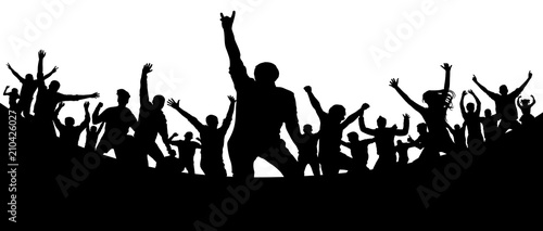 Party, concert, dance, fun. Crowd of people silhouette vector. Cheerful youth.Cheer audience. Hand applause. Music festival. Rock concert