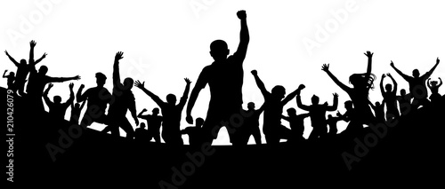 Sports fans audience. Soccer goal stadium. Cheerful people crowd applauding, silhouette. Party, applause. Dance concert disco