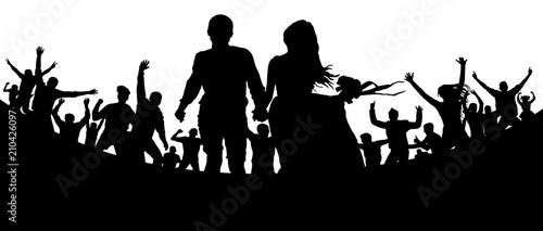 Young couple, man and woman among the crowd. Party, concert, dance, fun. Crowd of people silhouette vector. Cheerful youth.Cheer audience. Hand applause. Music festival