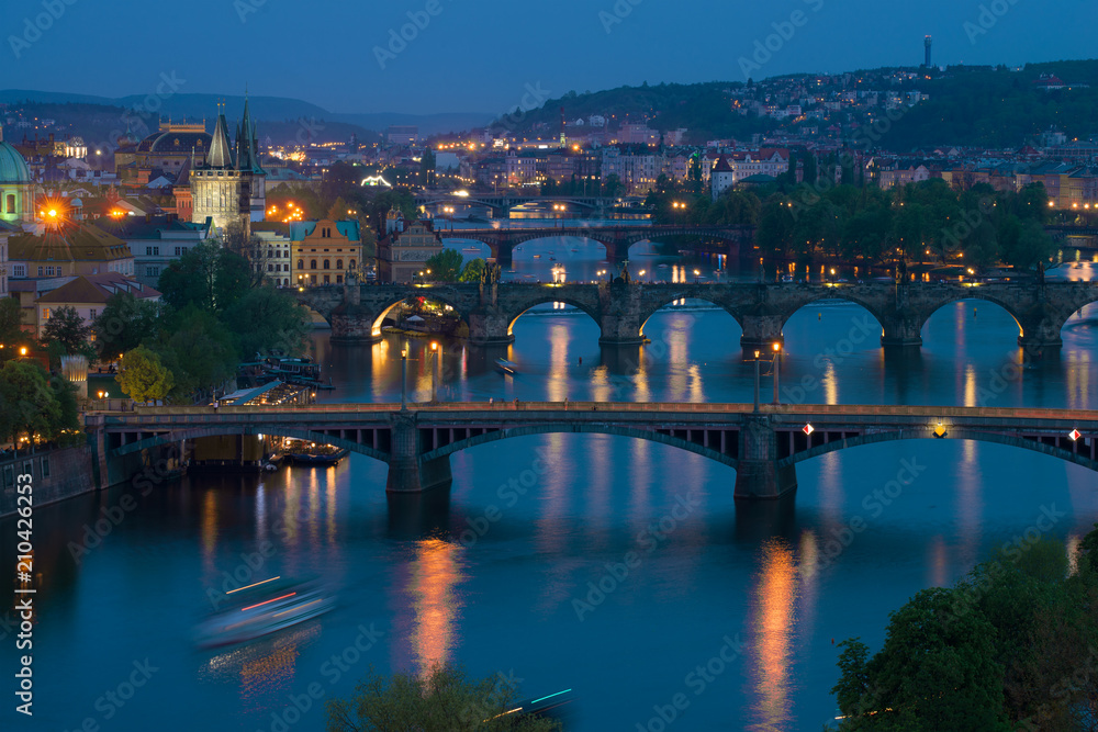 Prague bridges in the evening landscape. Czech Republic, Prague