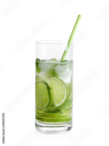 Glass of natural lemonade with lime on white background