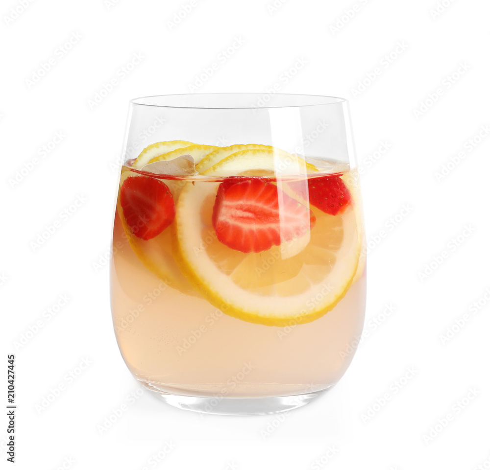 Natural lemonade with strawberries in glass on white background Natural lemonade with strawberries in glass on white background