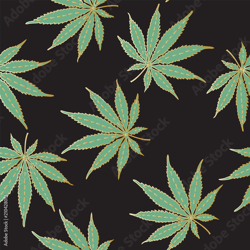 Cannabis or Marijuana leaves in green and gold. Hand drawn seamless pattern in vector format.

