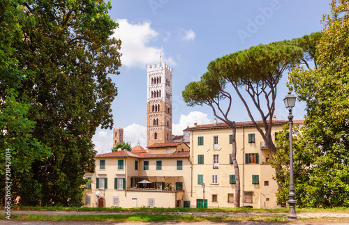 Lucca cityscape from old town walls Tuscany Italy