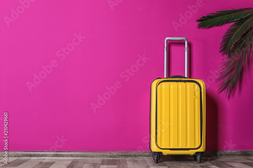 Bright yellow suitcase and palm branches near color wall indoors