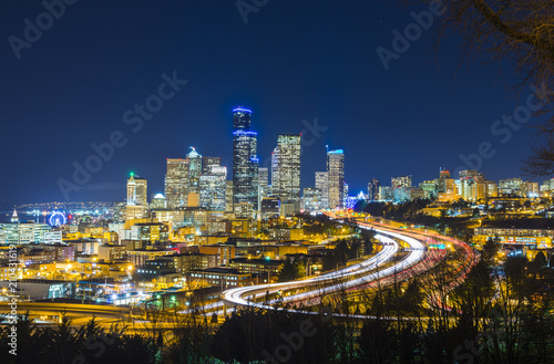Wallpaper Mural Seattle cityscape at night with traffic light on freeway,Washington,usa. Torontodigital.ca