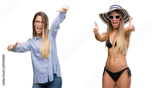 Young beautiful blonde woman wearing business and bikini outfits approving doing positive gesture with hand, thumbs up smiling and happy for success. Looking at the camera, winner gesture.