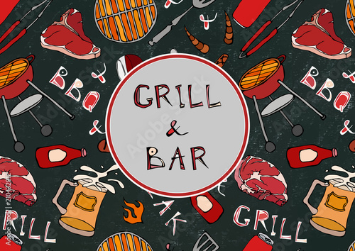 Seamless Pattern of Summer Grill and Bar Party. Steak, Sausage, Barbeque Grid, Tongs, Fork, Fire, Ketchup. Black Board Background and Chalk. Hand Drawn Vector Illustration. Doodle Style.