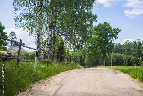 A dirt road between the green forest and the country field on a clear summer day, Latvia photo