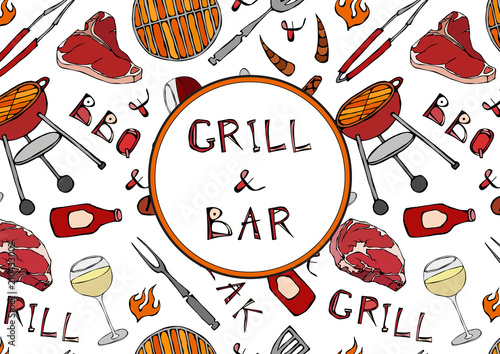 Seamless Pattern of Summer Grill and Bar Party. Steak, Sausage, Barbeque Grid, Tongs, Fork, Fire, Ketchup. Hand Drawn Vector Illustration. Doodle Style.