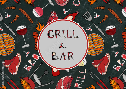 Seamless Pattern of Summer Grill and Bar Party. Steak, Sausage, Barbeque Grid, Tongs, Fork, Fire, Ketchup. Black Board Background and Chalk. Hand Drawn Vector Illustration. Doodle Style.