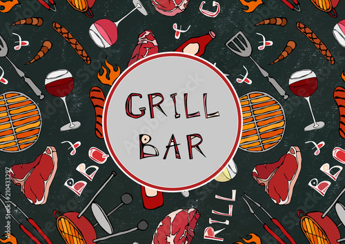 Seamless Pattern of Summer Grill and Bar Party. Steak, Sausage, Barbeque Grid, Tongs, Fork, Fire, Ketchup. Black Board Background and Chalk. Hand Drawn Vector Illustration. Doodle Style.