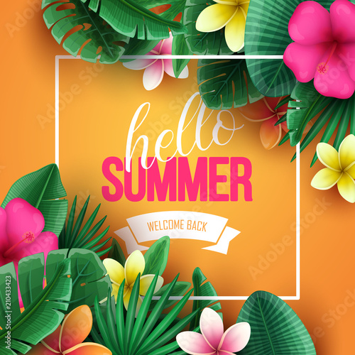 Summer background with tropical flowers and palm leaves. Vector illustration.
