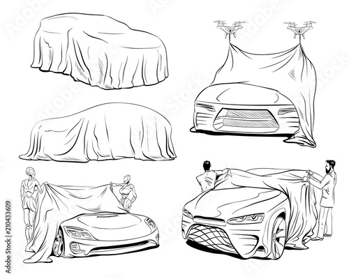 Car presentation by robots of a new model covered with a cloth. Hand drawn sketch design. Vector illustration. 