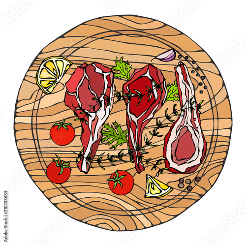Lamb Ribs Chops with Herbs, Lemon, Tomato, Parsley, Thyme, Pepper. On a Round Wooden Cutting Board. Meat Guide for Butcher Shop or Steak House Restaurant Menu. Hand Drawn Illustration. Doodle Style.