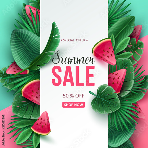 Summer sale background with tropical fruits and palm leaves. Vector illustration.